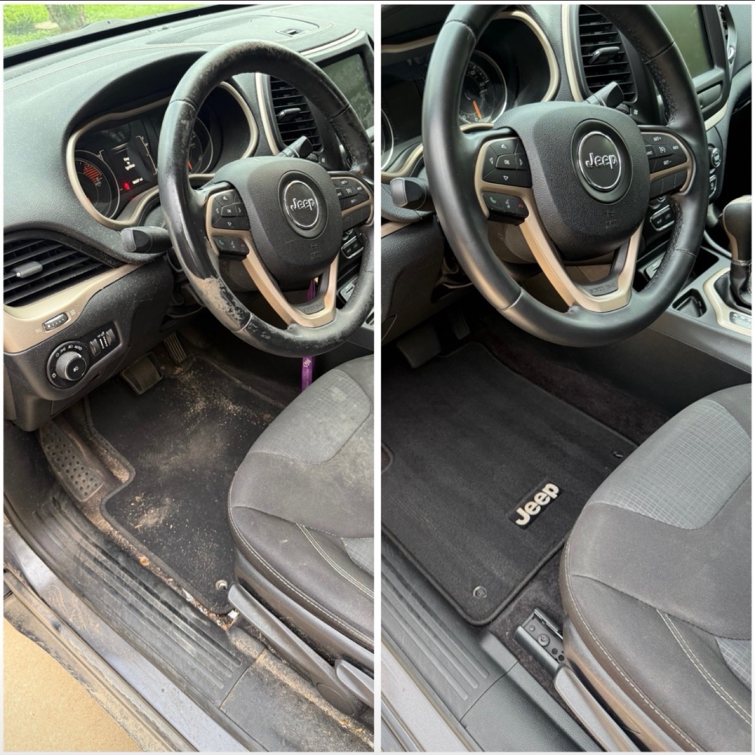The same Jeep before and after an interior detail by Showtime Detailing KC