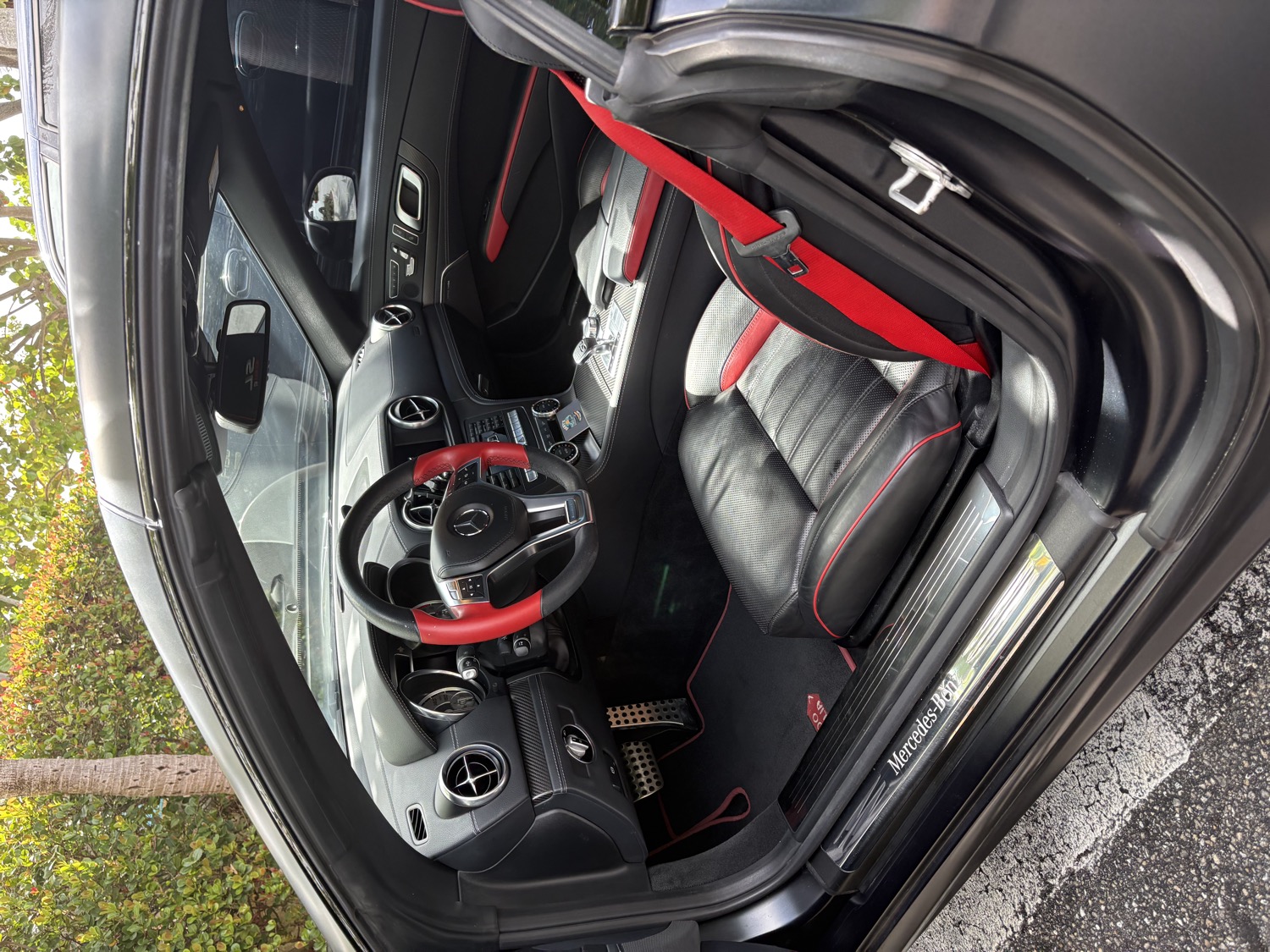 Mercedes AMG red and black interior detail